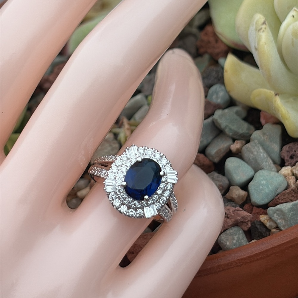 Blue Sapphire Halo Ring with Diamond Accents - Women's Jewelry